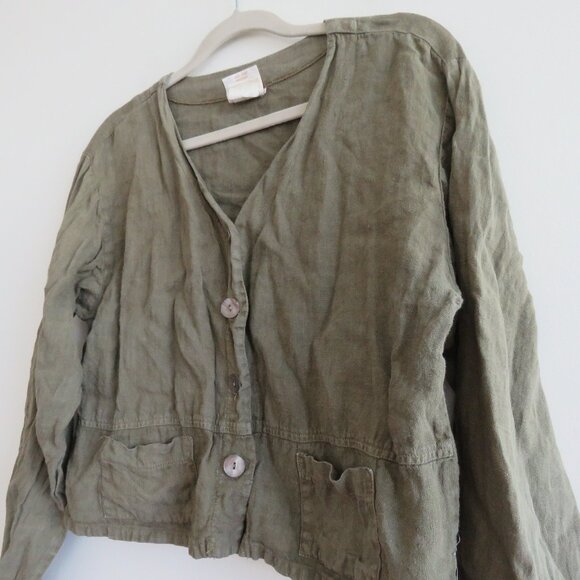 VINTAGE TOM TOM USA 100% Linen Cropped Blazer Jacket Khaki Green Lagenlook S - Picture 8 of 15
